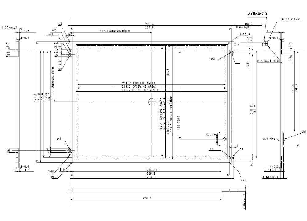 LTM10C348U, Toshiba, 26cm diagonal size TFT-LCD, Dimensional Out