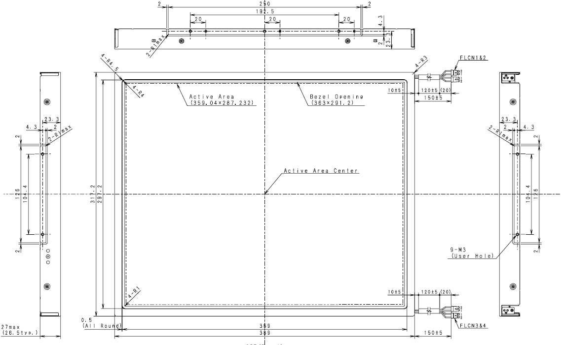 TM181SX-76N02, Torisan, 18.1" LCD, Module size 389.0(W) x 317.2