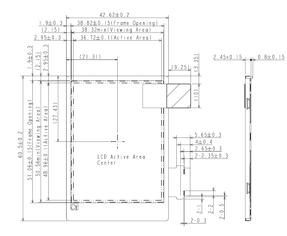 TX06D103VM0AAA, Hitachi, Module Dimensions 42.62 (W) mm x 60.5(H