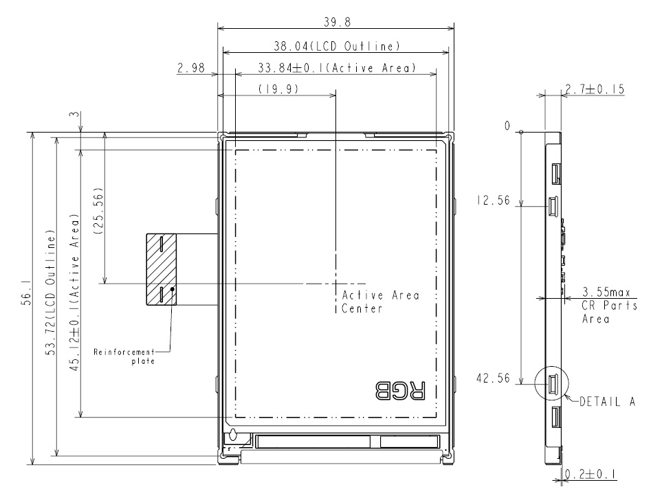 TX06D57VM0AAA, Hitachi, Module Dimensions 39.8(W) mm x 56.1(H) m