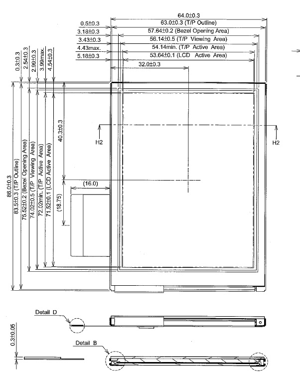 TX09D70VM1CAA, Hitachi, 64.0w x 86.0h x 4.0d mm, resolution 240
